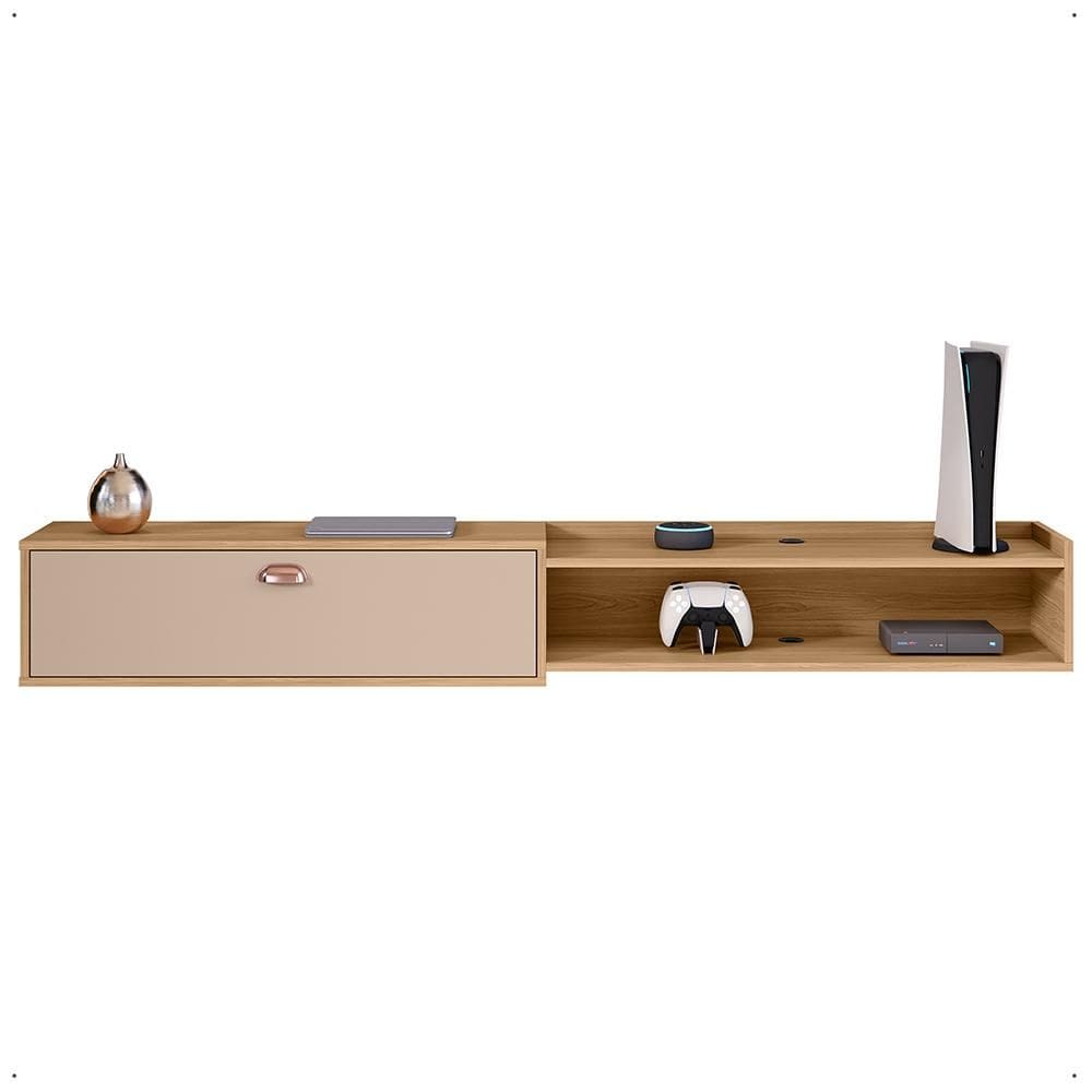 Rack Suspenso 1.8 Estante Home Supremo King Tv Smart 55 60 65 70 Pol. 1 Porta Nicho Puxador Concha Sala Quarto - Hanover/Bege- Lojas RPM