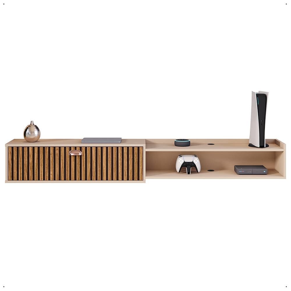 Rack Suspenso 1.8 Estante Home Supremo King Tv Smart 55 60 65 70 Pol. 1 Porta Nicho Puxador Concha Sala Quarto - Bege/Ripado - Lojas RPM