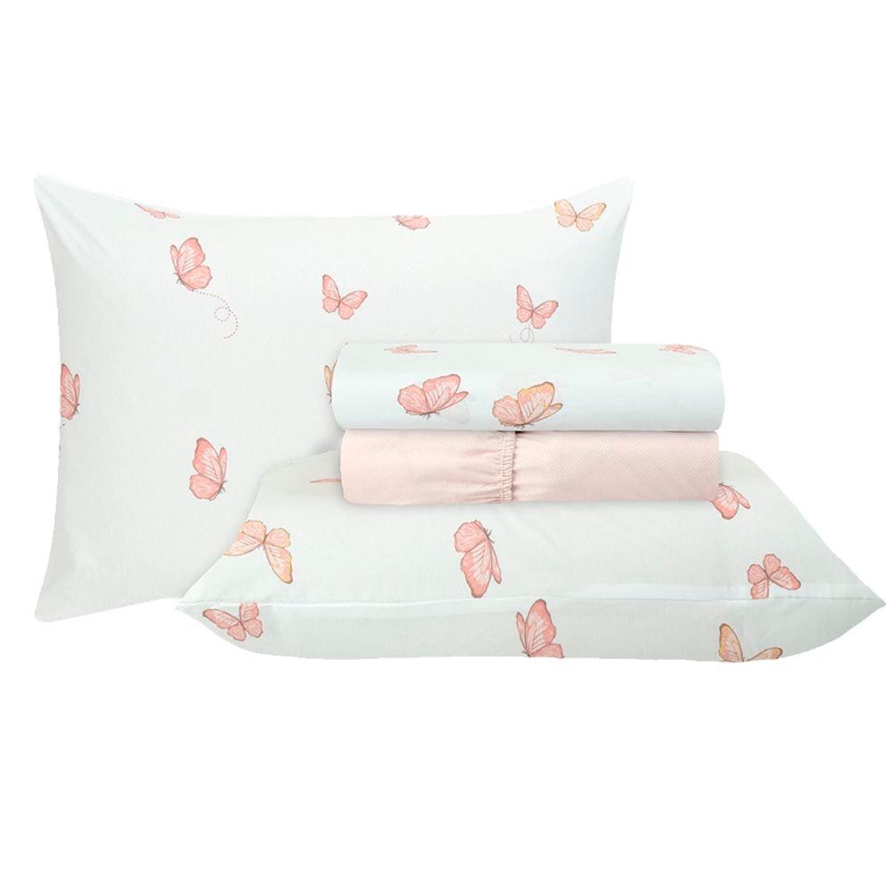 Jogo de Cama Duplo Queen 4 Peças Percal 180 Fios Borboleta Sonhare Prata
