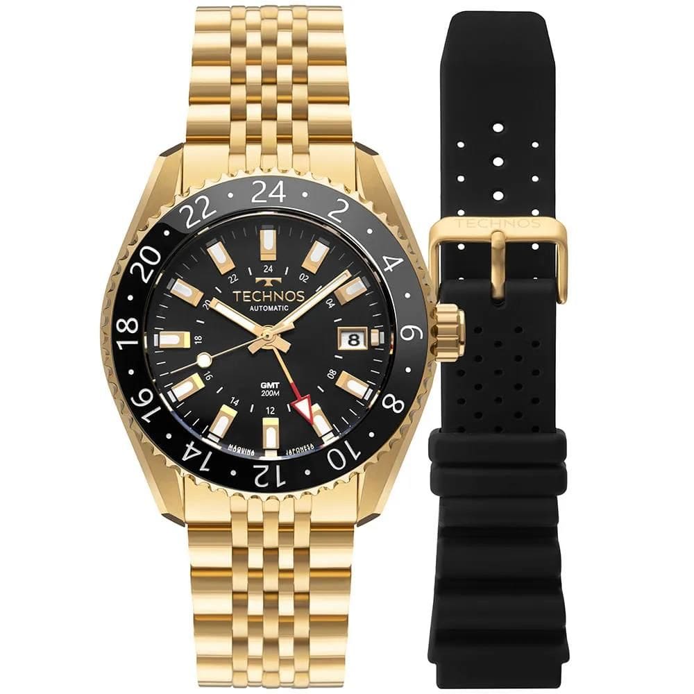 Relógio Technos Masculino Ref: Nh34ab/t1p Automático GMT Dourado 2 Pulseiras