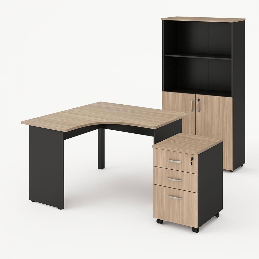 Conjunto Escritório Office Escrivaninha em L Armário Alto e Gaveteiro com Chave Cor Calvi/Preto - Web Office