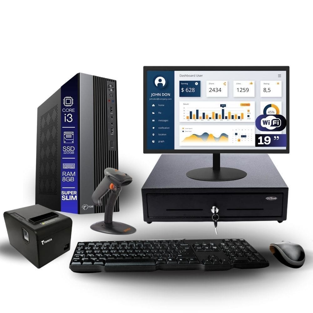 Kit Automação PDV TOB i3 8GB SSD 120GB Win10 Rede S/Fio Teclado Mouse Monitor 19” Gvt. Dinheiro  Imp. Térmica Leitor Cód Barras