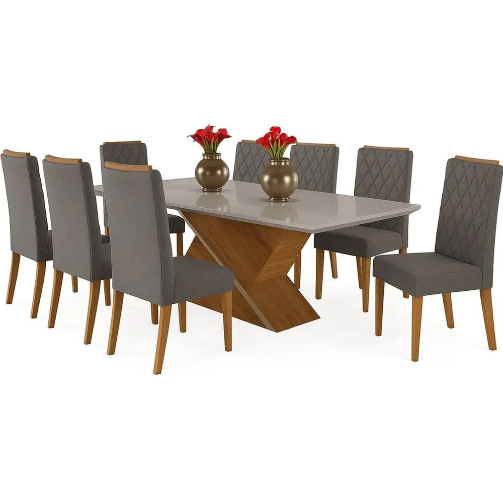 Mesa de Jantar 200x90cm com 8 Cadeiras Iza Viero Cor Off White com Assento Cinza