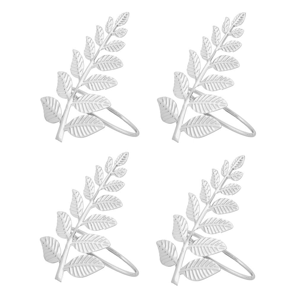 Cj 4 Anéis/Argolas de Metal P/Guardanapos Folhagem Prata Royal Decor