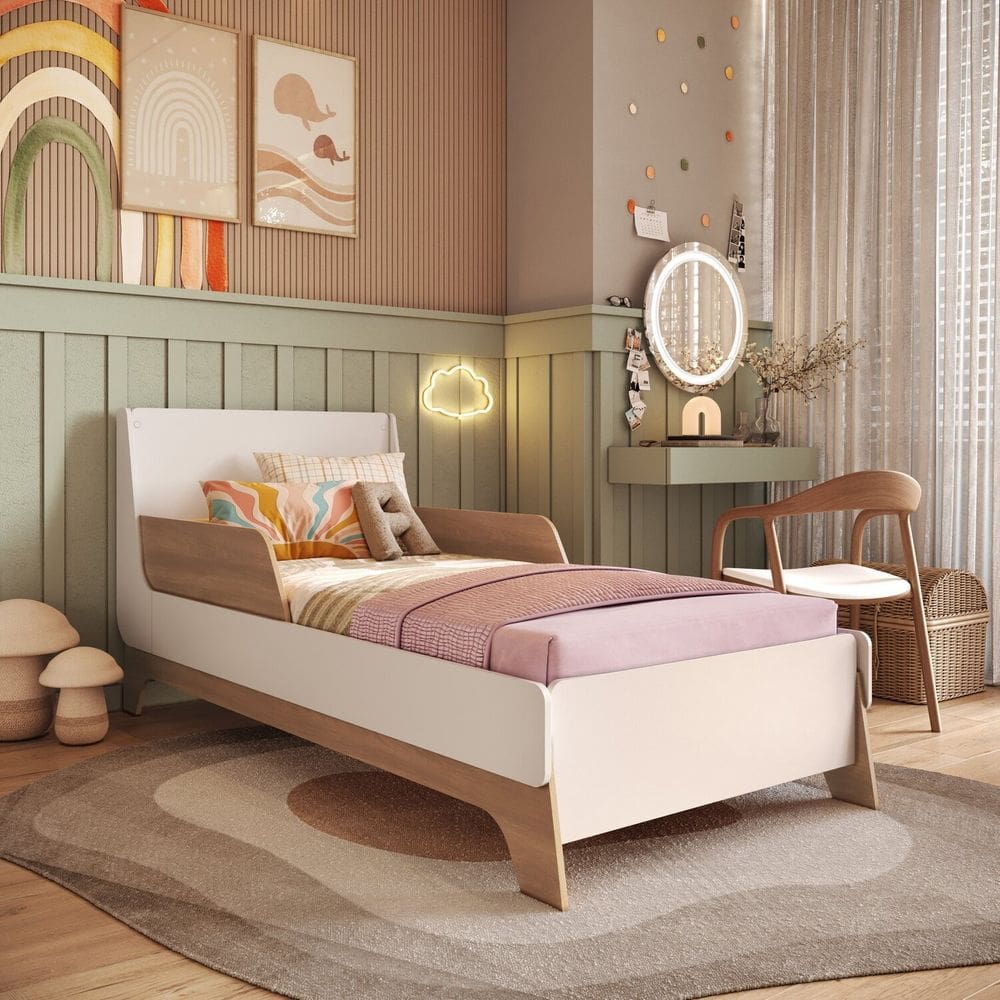 Cama de Solteiro Infantil 100% Mdf Premium com Laterais de Proteção e Design Curvo Lindy Branco/ Louro Freijó