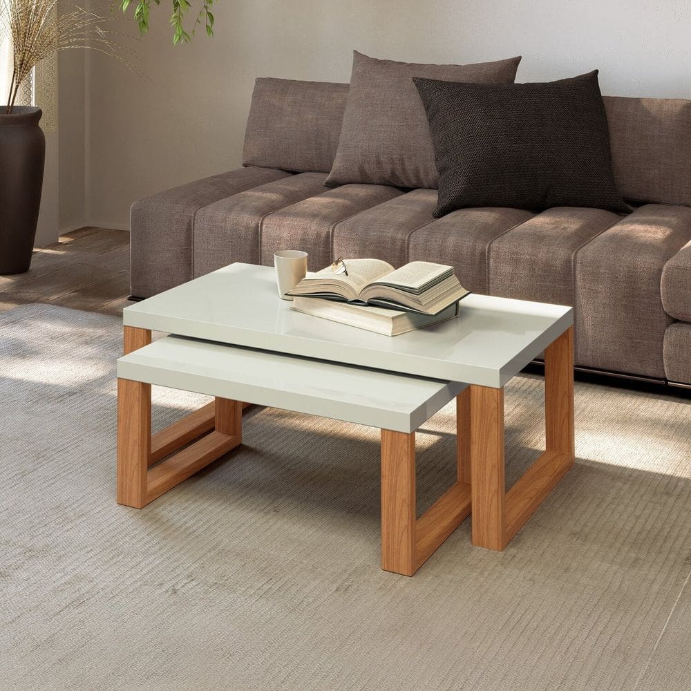 Conjunto 2 Mesas de Centro Retangulares Industrial Freijo/ Off White