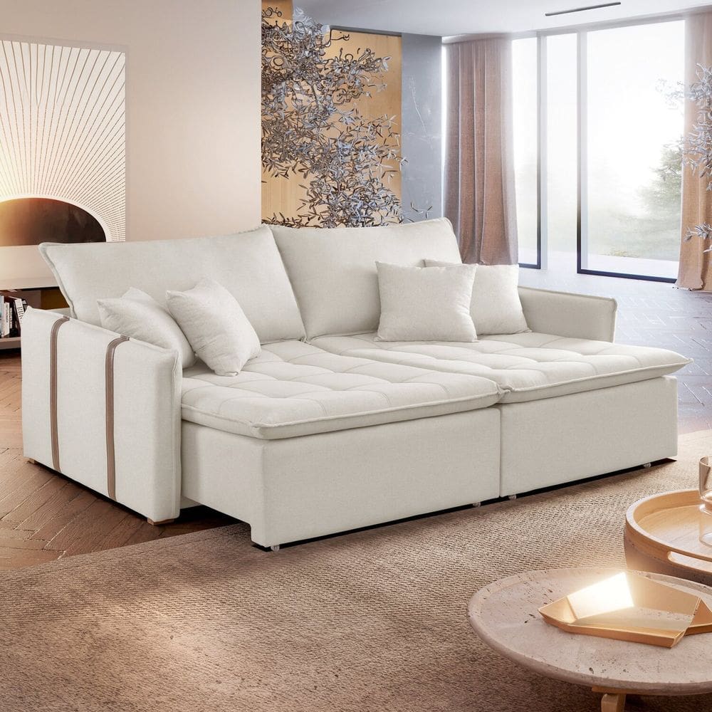 Sofá Cama em Madeira Eucalipto 180cm Detroid Yescasa Bege Claro