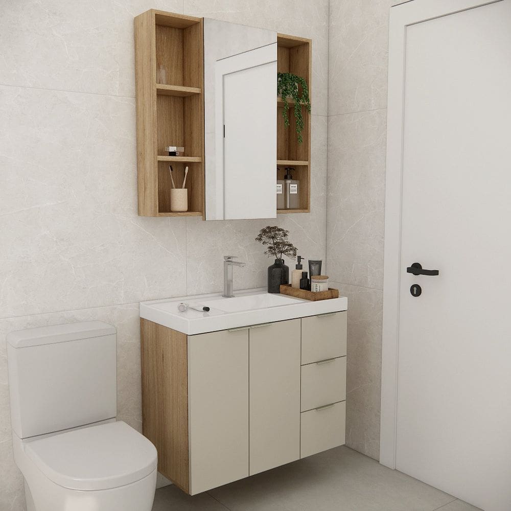 Conjunto de Banheiro com Cuba 80cm Gaveta Direita Vittare Carvalho/Nude