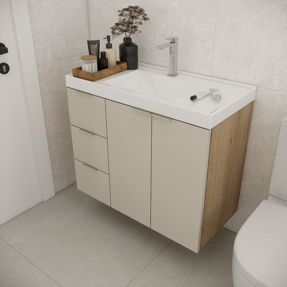 Gabinete de Banheiro com Cuba 79,6cm Gaveta Esquerda Vittare Carvalho/Nude