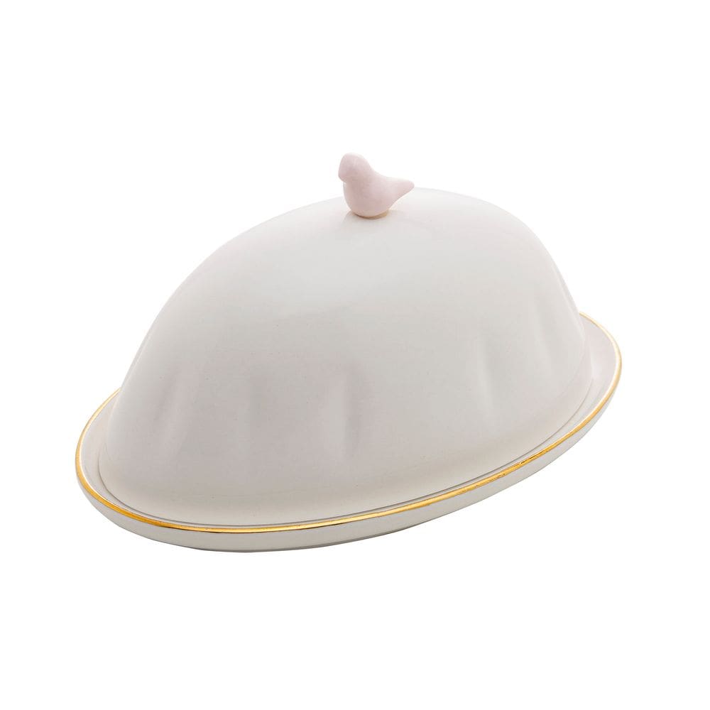 Manteigueira de Porcelana Branca C/Tampa Birds Design Plate Colorido 16x10cm Wolff