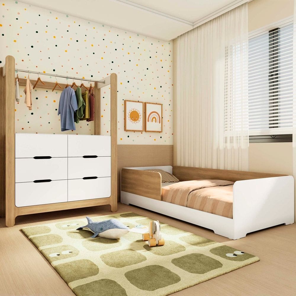 Quarto Infantil Completo Guarda-Roupa Closet e Cama Solteiro Montessoriana Olivia e Mark Branco/ Louro Freijó Grann