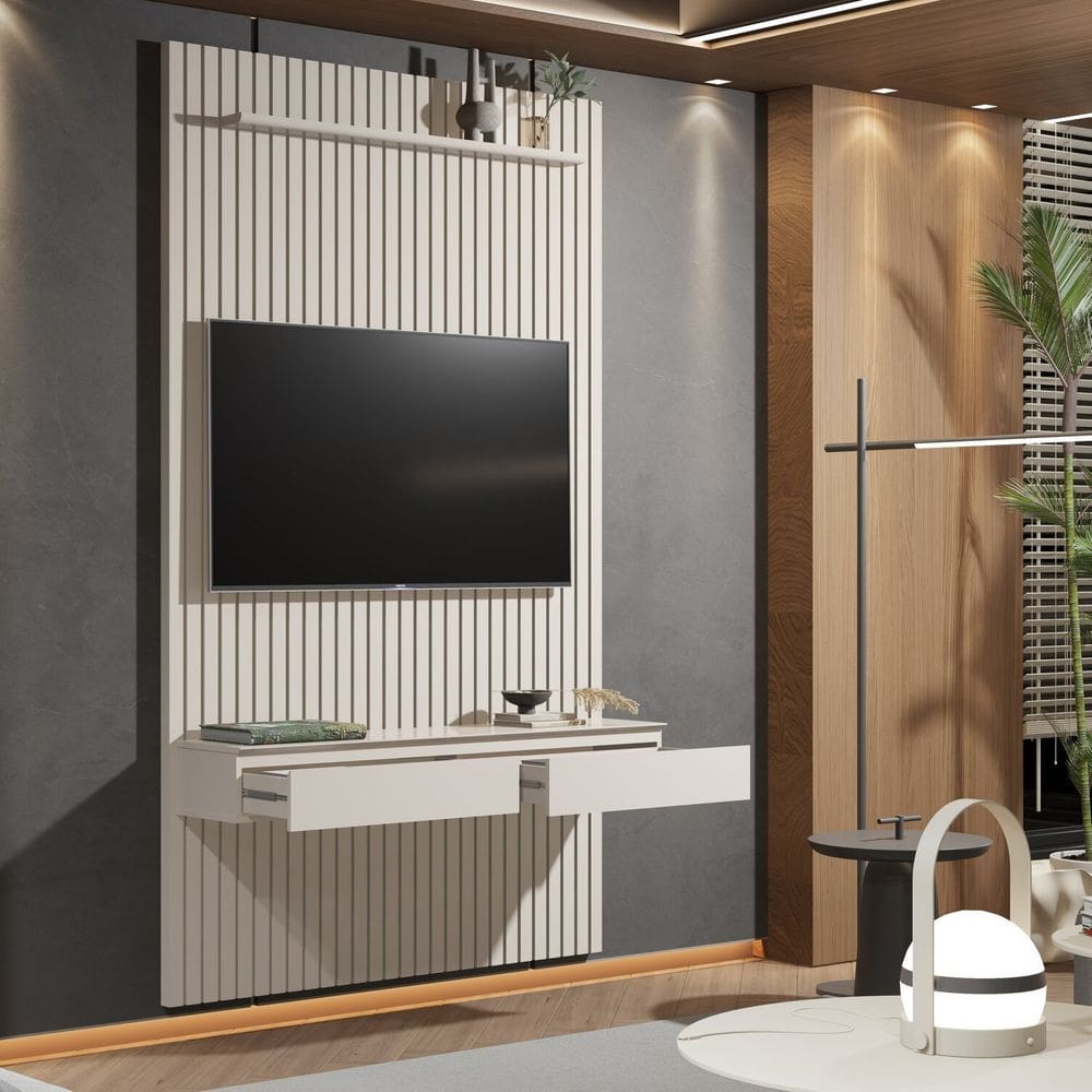 Painel Home para Tv 55 Polegadas Suspenso Ripado 2 Gavetas Colorado 1.40 Off White