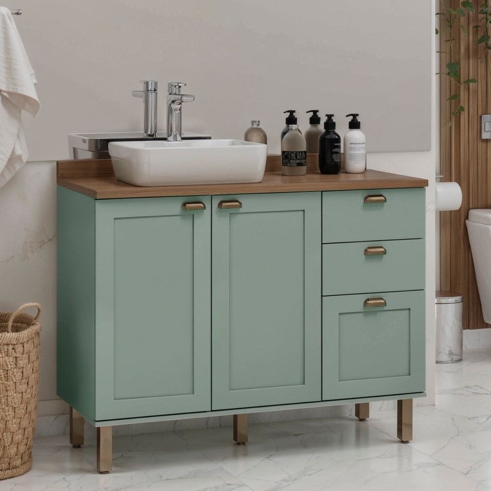 Gabinete para Banheiro 100% Mdf 2 Portas 3 Gavetas Modelo Americano Provençal Iluminata Verde Mint/Ébano