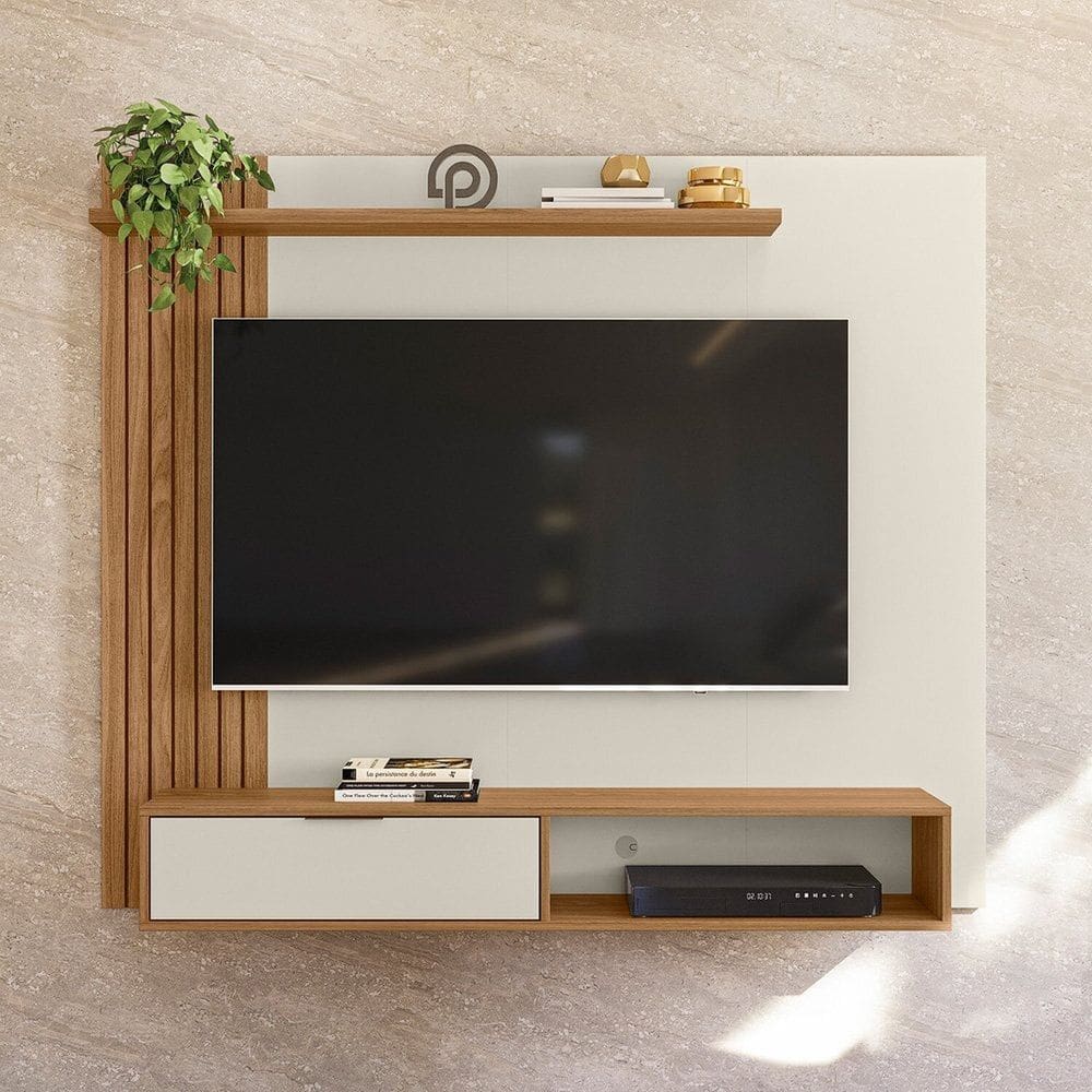 Painel para Tv 65 Polegadas Ripado com Nichos Berlim Off White/Marrom