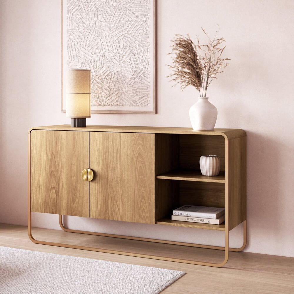 Balcão Buffet 135cm 2 Portas Orgânico Pé Metal Luna Hanover/Dourado