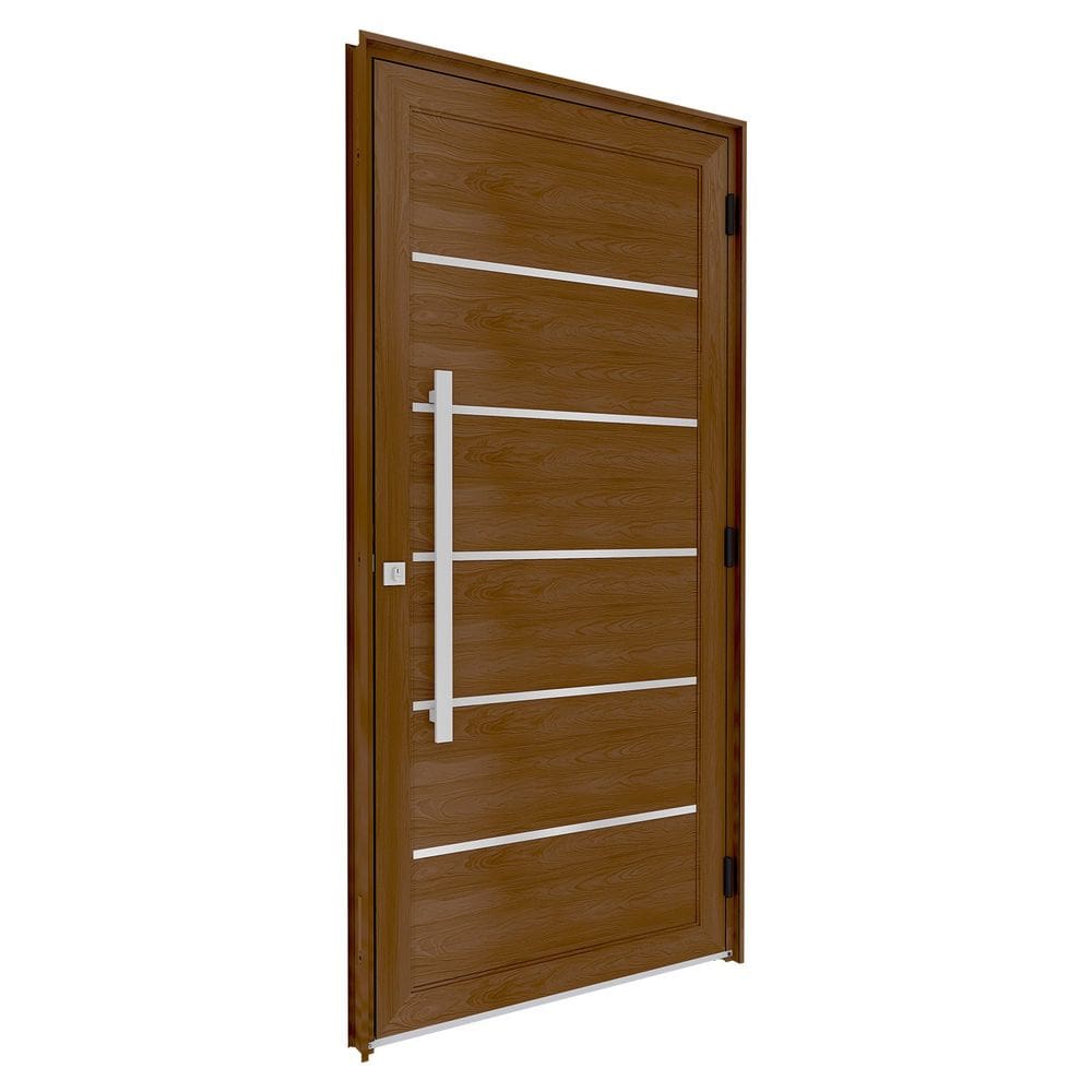 Porta de Alumínio de Giro Lambri com Friso Puxador de 80cm em Aço Inox 215x105cm Lucasa Eccellente Amadeirado