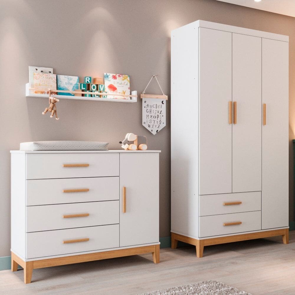 Quarto de Bebê Cômoda Fraldário e Guarda-roupa 3 Portas Hellen Branco/Bétula