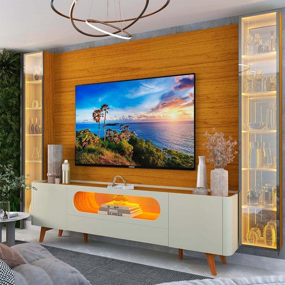 Rack com Painel para Tv 84 Polegadas com Led Espelhos 293cm 100% Mdf Luminare/nobre Naturale/Off White