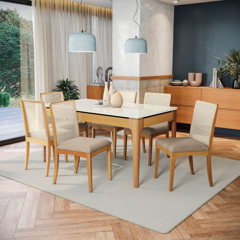 Conjunto Mesa com 6 Cadeiras Madeira Maciça Tampo em Mdf e Vidro Temperado Mira Natural/Off White/Cinza