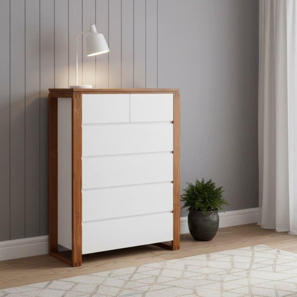 Cômoda 6 Gavetas em Madeira Maciça e Mdf Craft Branco / Garapa