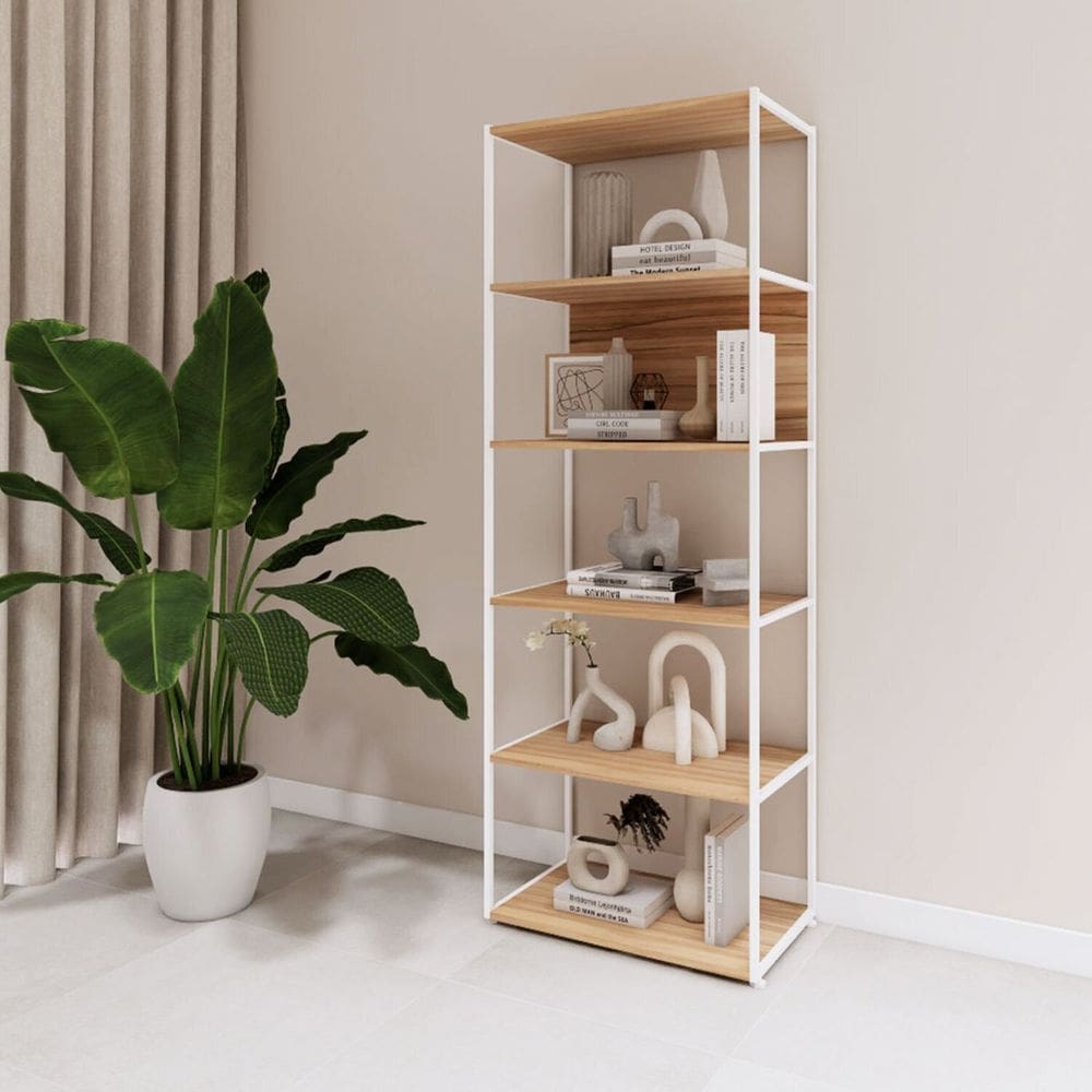 Estante Industrial em Metal 173cm 5 Prateleiras para Livros e Decoração Industrial Executive Macadâmia/Branco