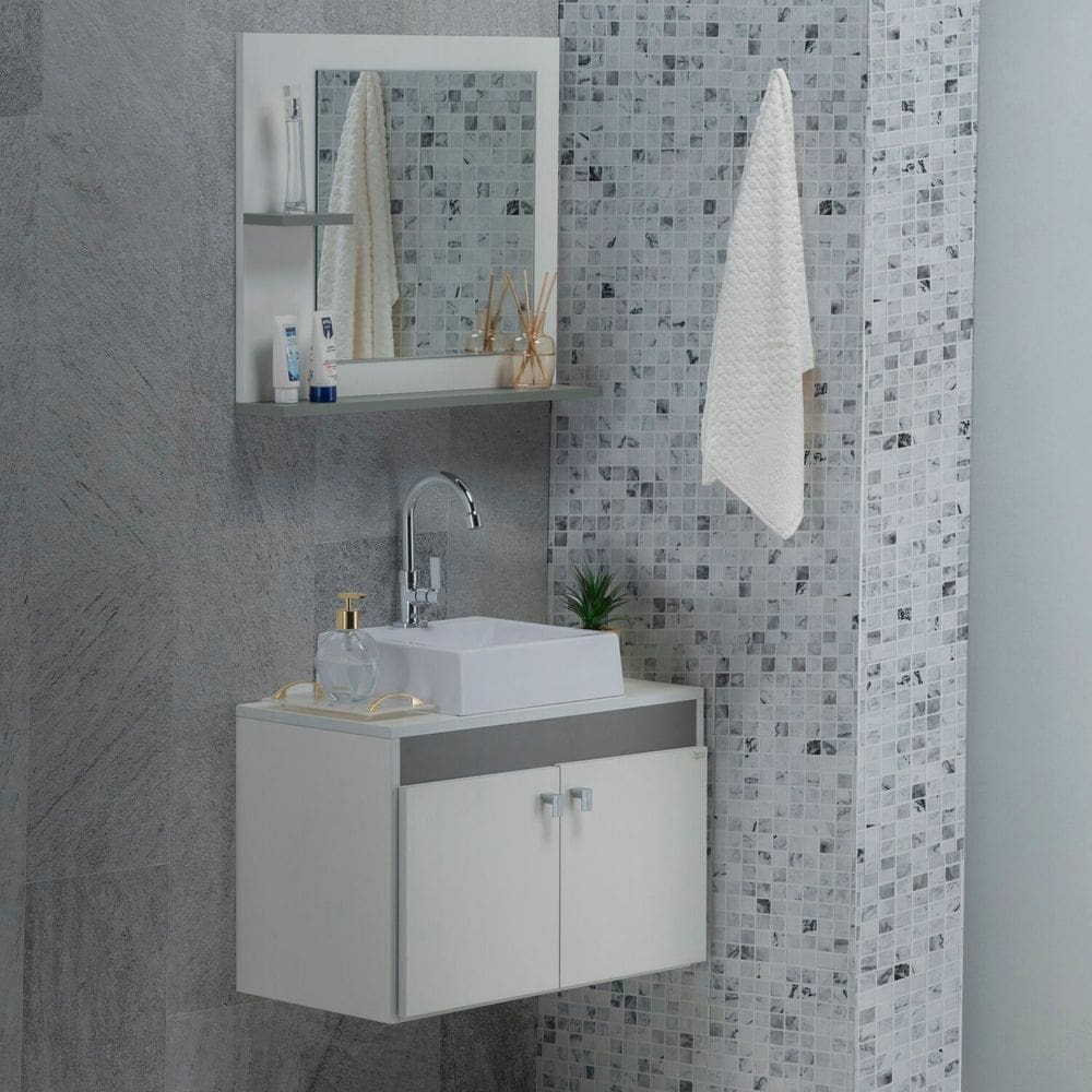 Gabinete e Espelho Suspenso 60cm Modelo 5 Meu Canto Cinza/Branco