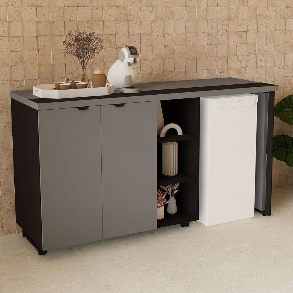 Aparador Frigobar de Embutir Direito com Armário 2 Portas com Pés em Metal Corporate Cinza Sagrado / Preto