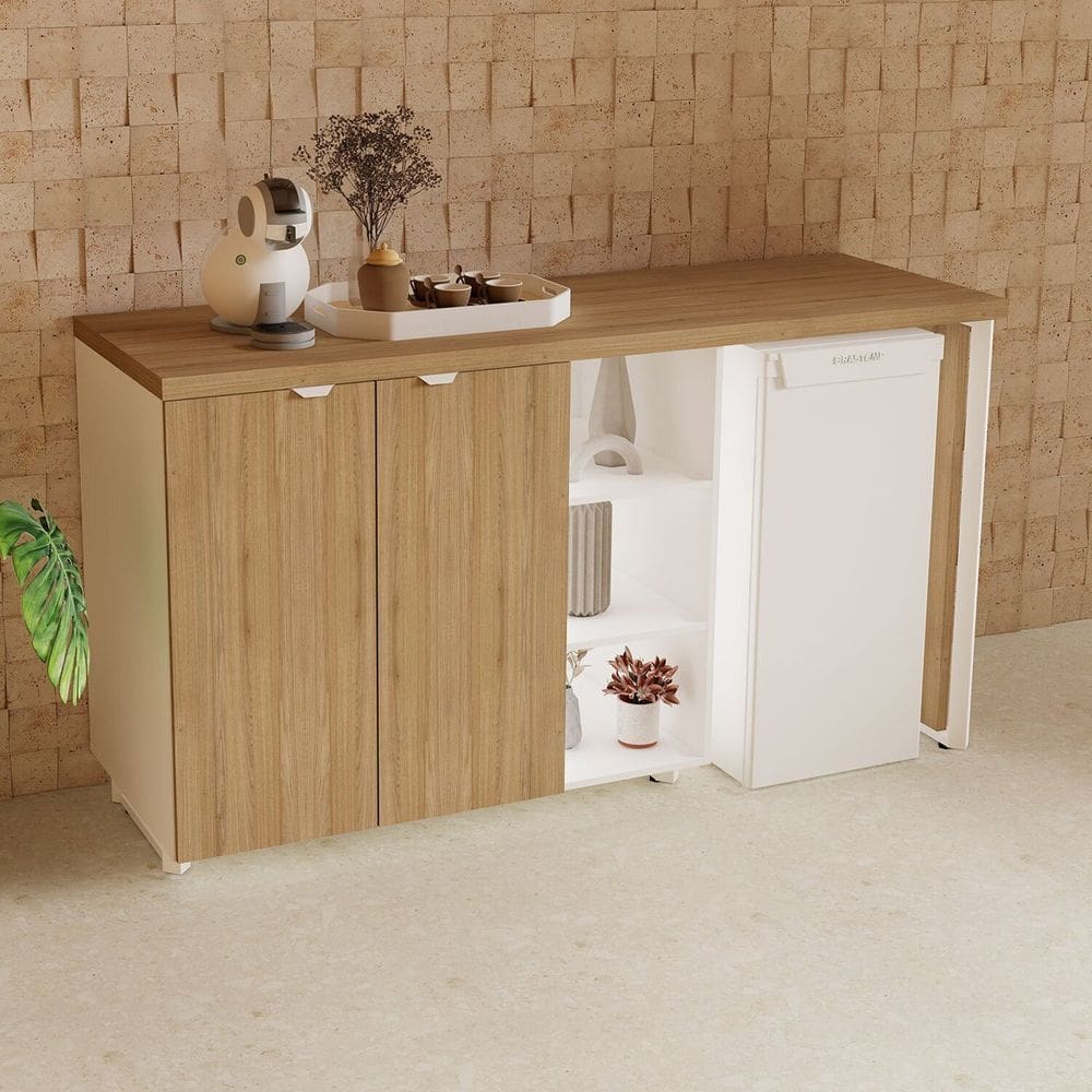 Aparador Frigobar de Embutir Direito com Armário 2 Portas com Pés em Metal Corporate Macadâmia / Branco