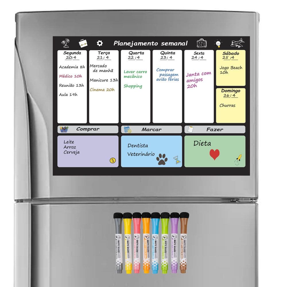 Quadro Planejamento Tarefas Semanal Magnético + 8 Canetas