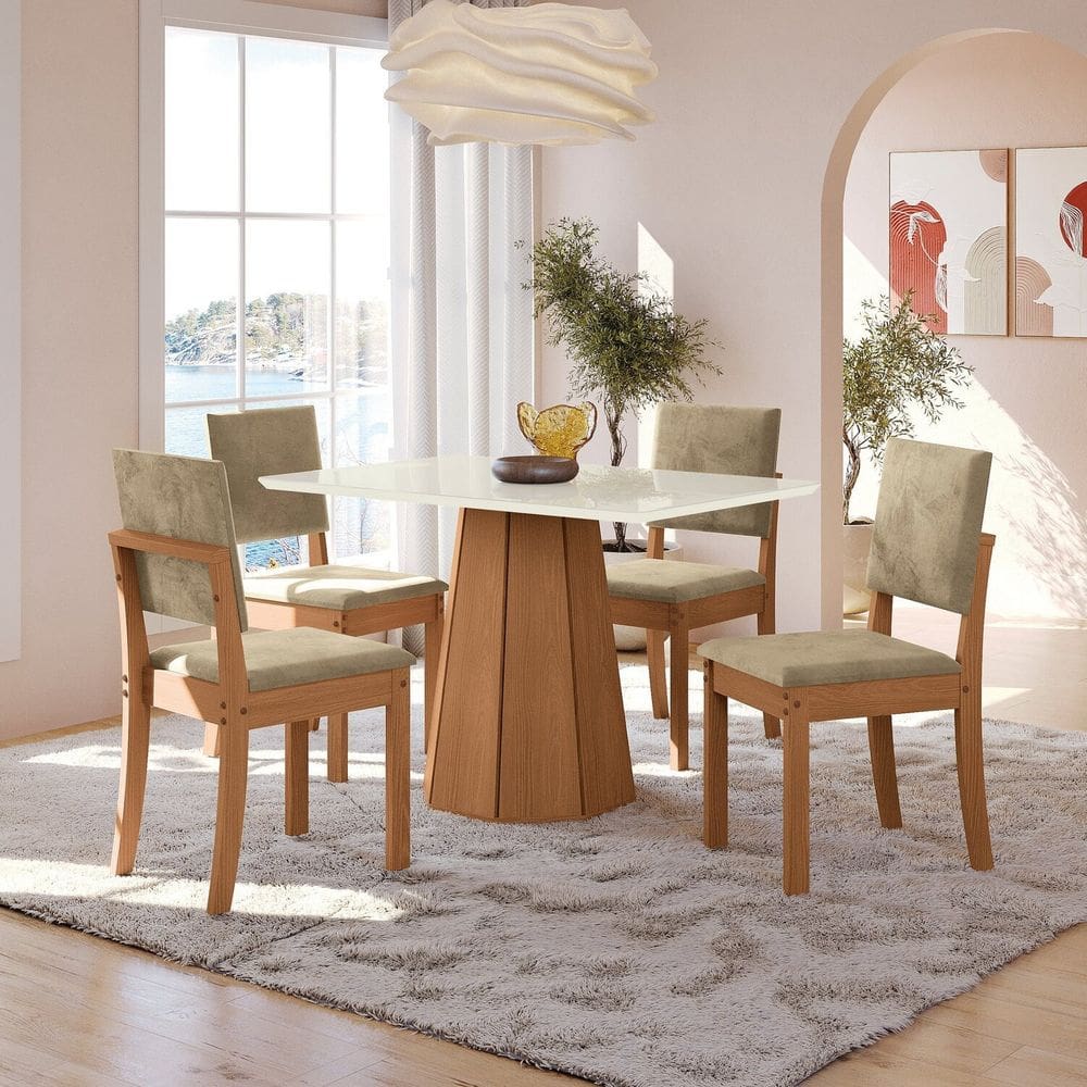 Conjunto para Sala de Jantar Mesa com 4 Cadeiras Jade Canela/Off White/Bege