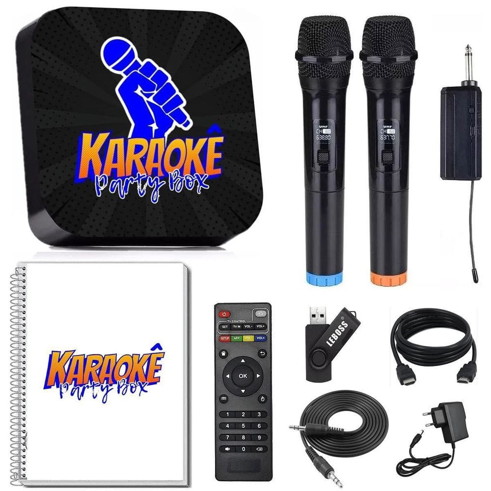 Karaoke Party Box Preto +2 Microfones Sem Fio + Catálogo