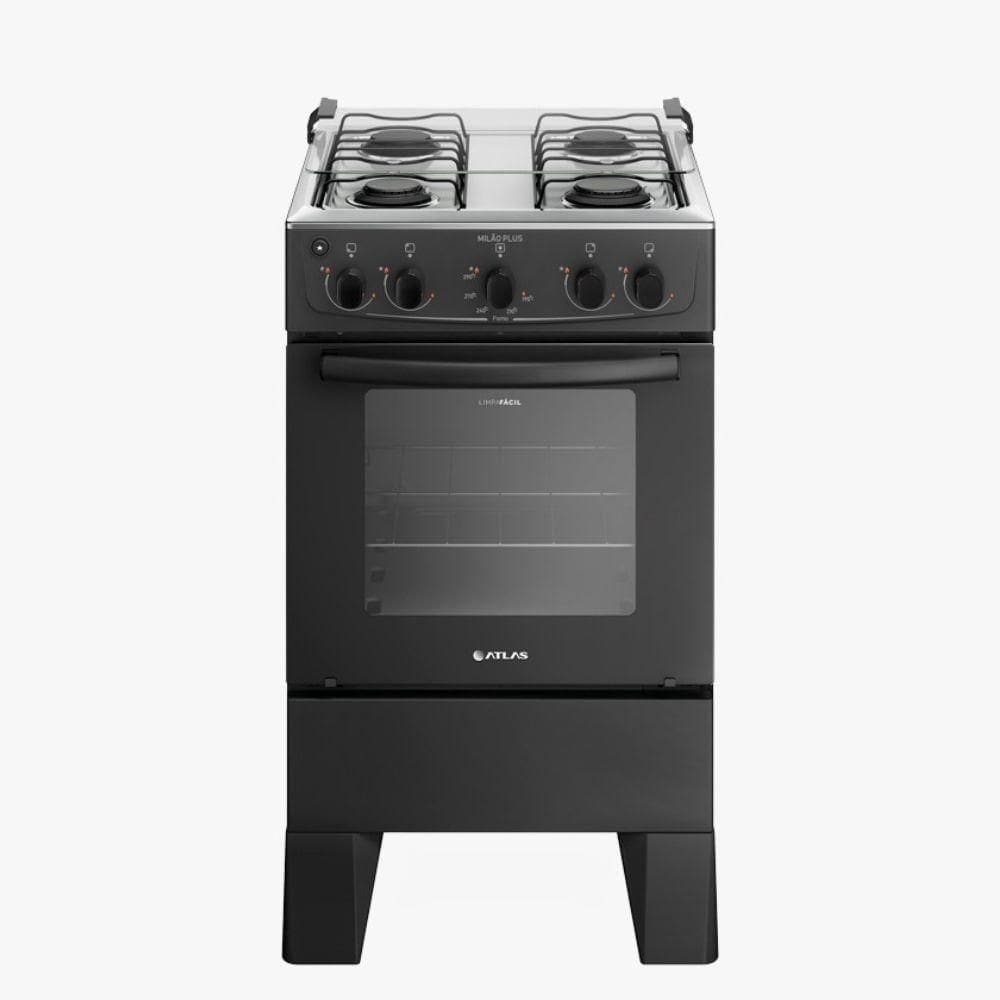 Fogão 4 Bocas Atlas Automático Mesa de Inox Milão Plus Preto