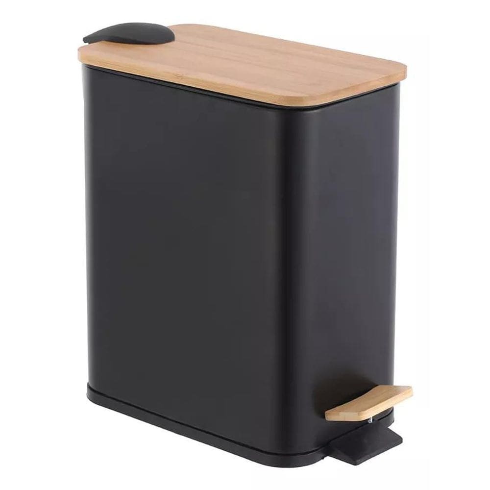 Lixeira Retangular Pedal 5L Preta Metal E Bambu Banheiro