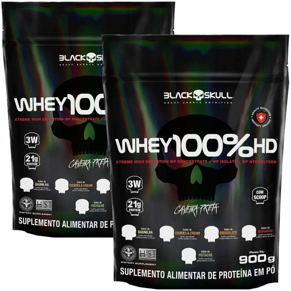Kit 2X Whey 100% Hd Refil 900G - Black Skull Sabor Cookies