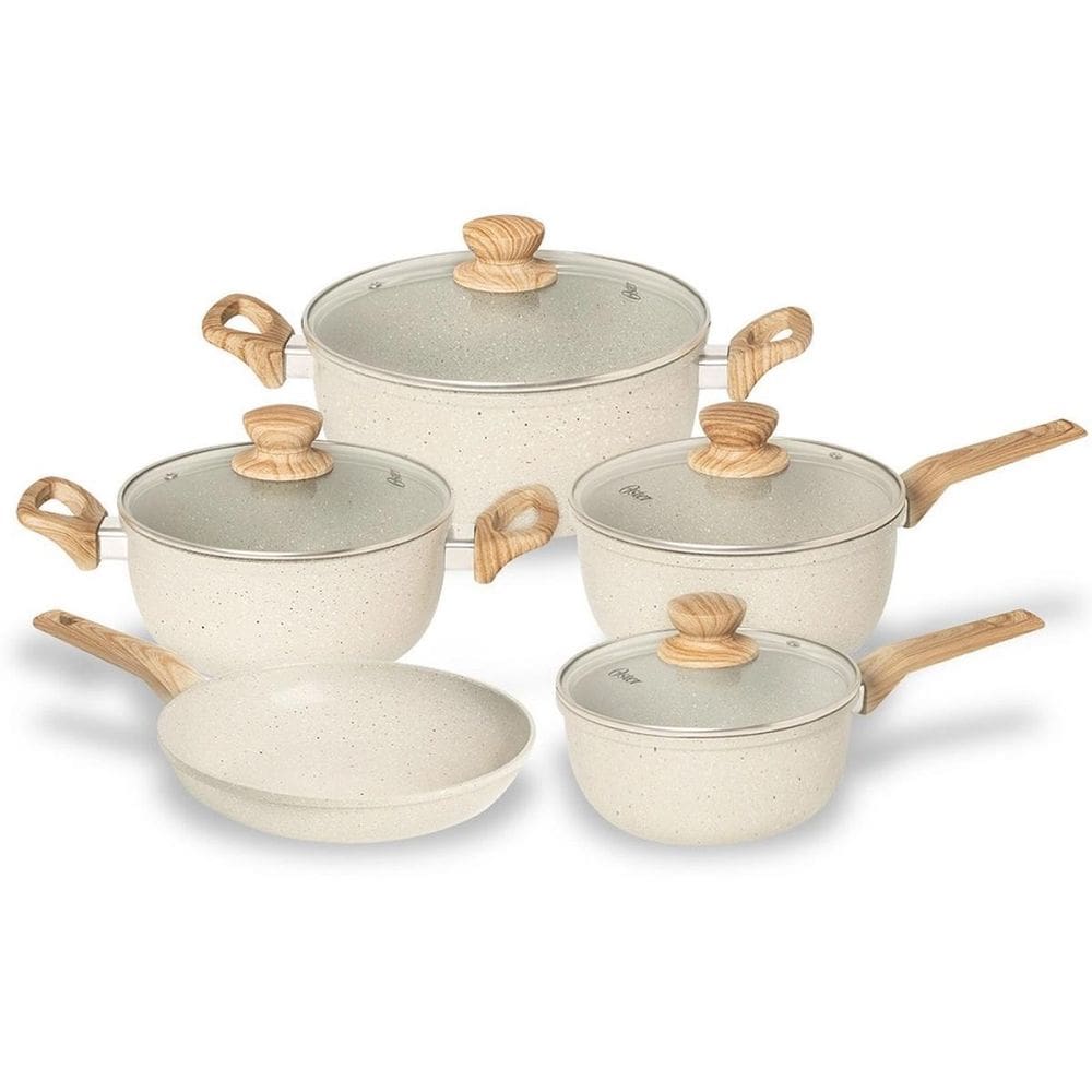 Jogo De Panelas Marble Cerâmico Alumínio 5Pçs Creme Oster