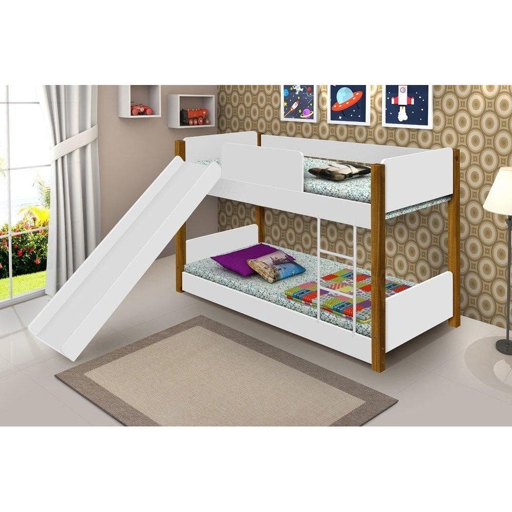 Beliche Infantil/Juvenil Valentina Branco com Pés de Madeira com Escorregador com 2 colchões