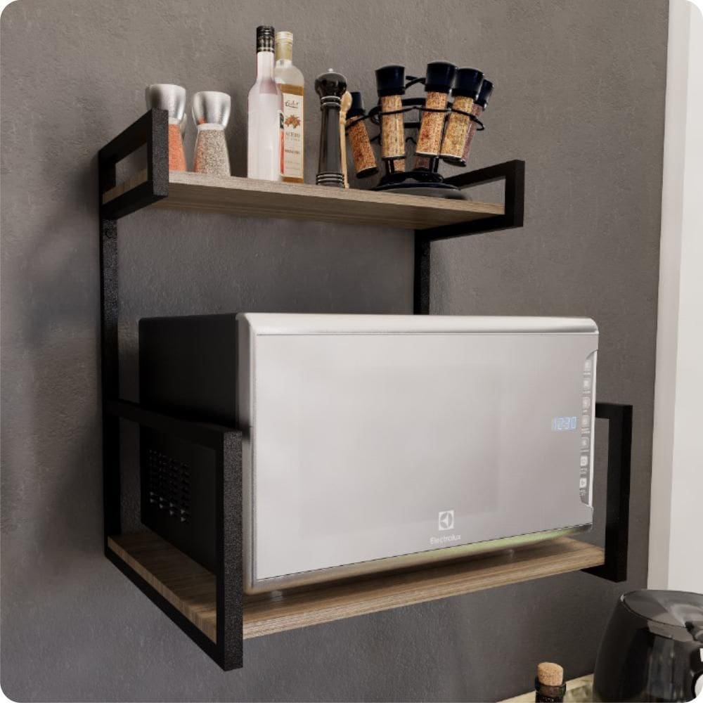 Suporte Microondas E Forno Com Porta Temperos Parede Preto