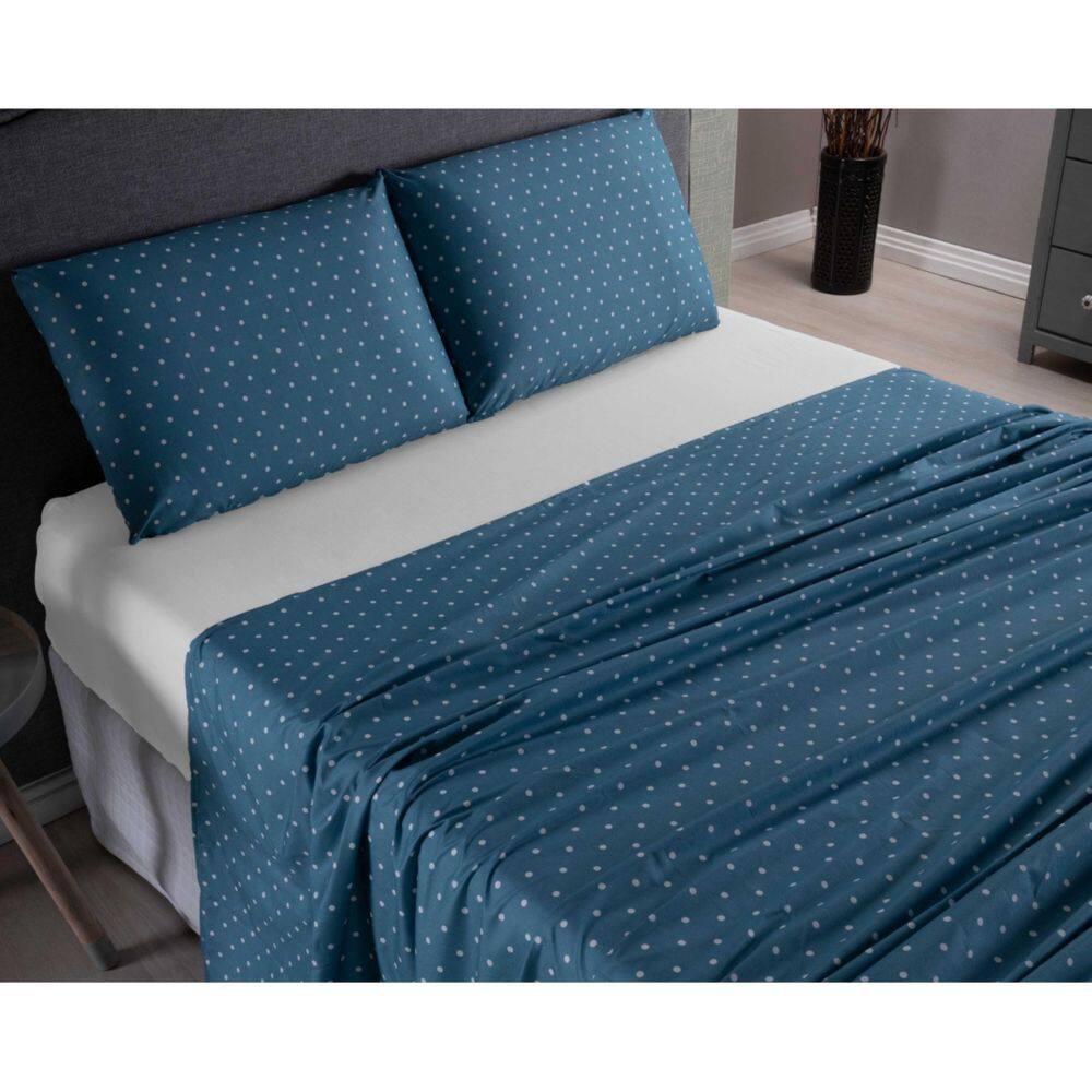 Lençol Casal 4 Peças Estampa Micropercal 400 Fios Poá Azul