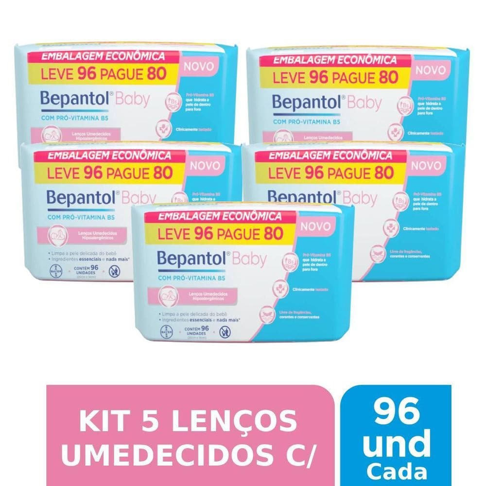 Kit 5 Lenços Umedecidos Hipoalergênicos 96Un Cada - Bepantol