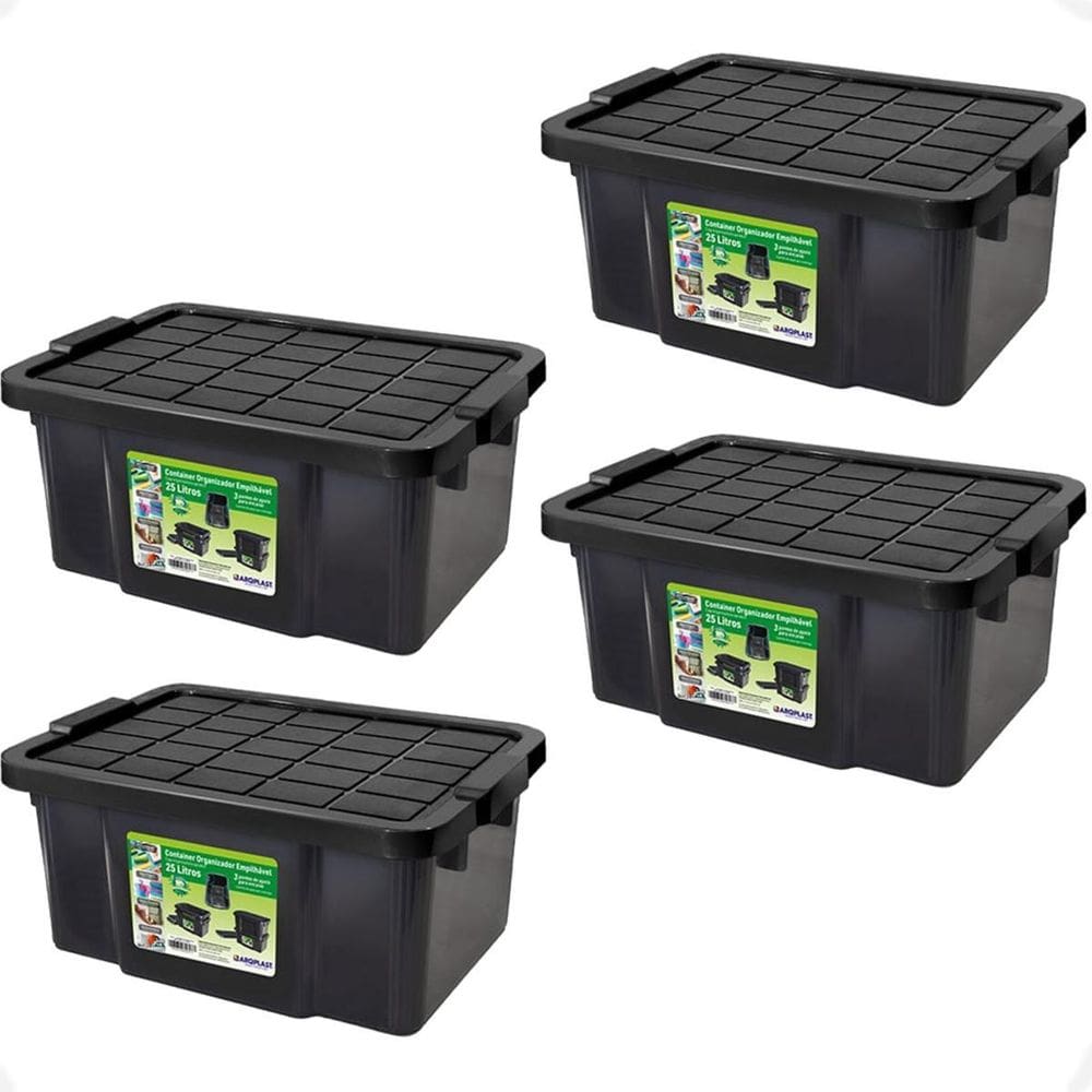 Kit 4 Caixas Organizadora Multiuso Preta 25L Empilhável