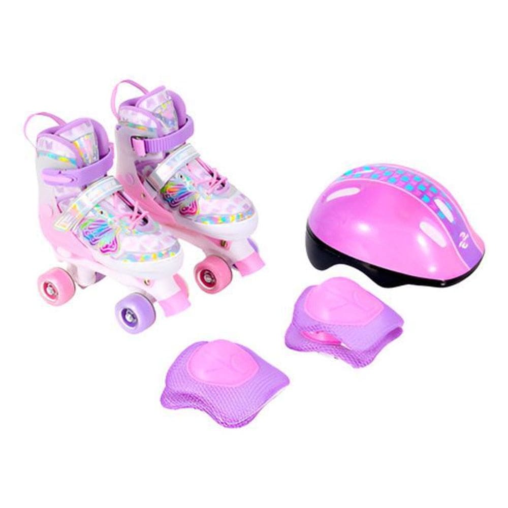 Patins Quad Ajustável Borboleta Com Kit De Proteção 34 Ao 37