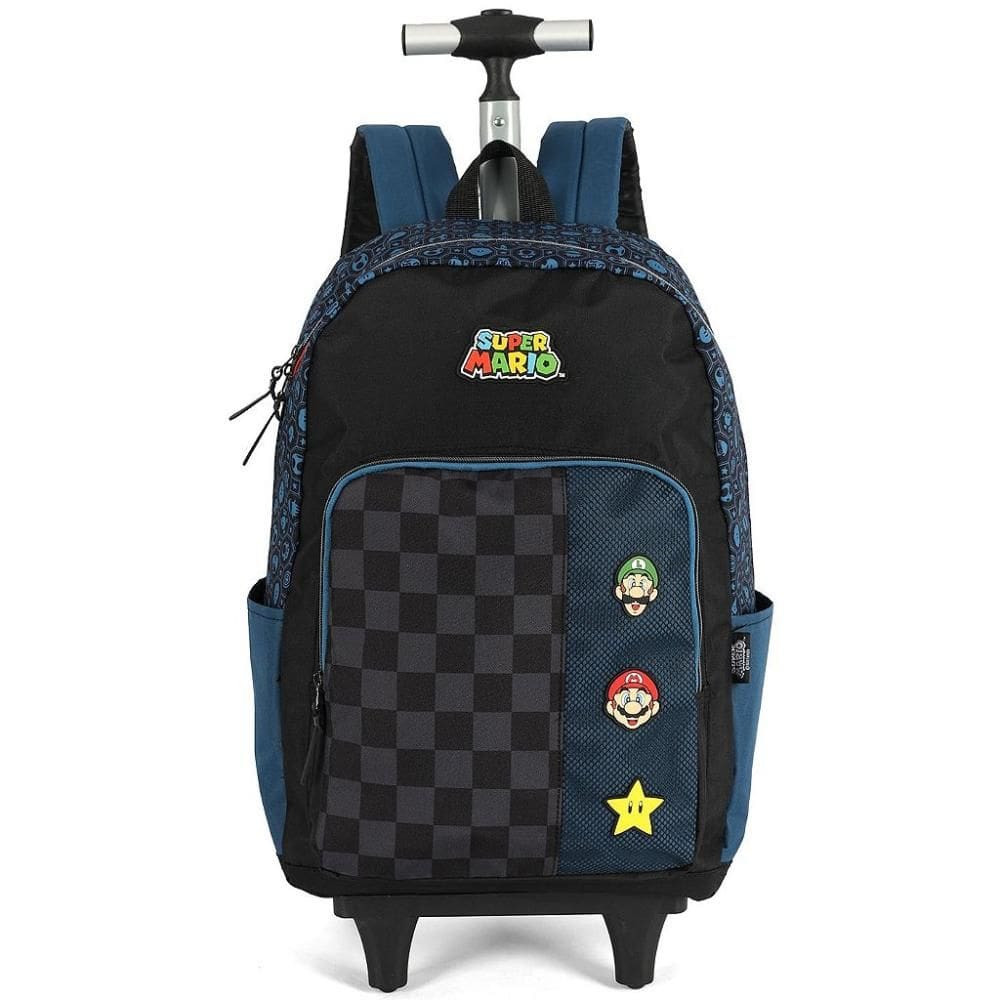 Mochila de Rodinhas Com Alça Luxcel Mario Bros Patch Azul