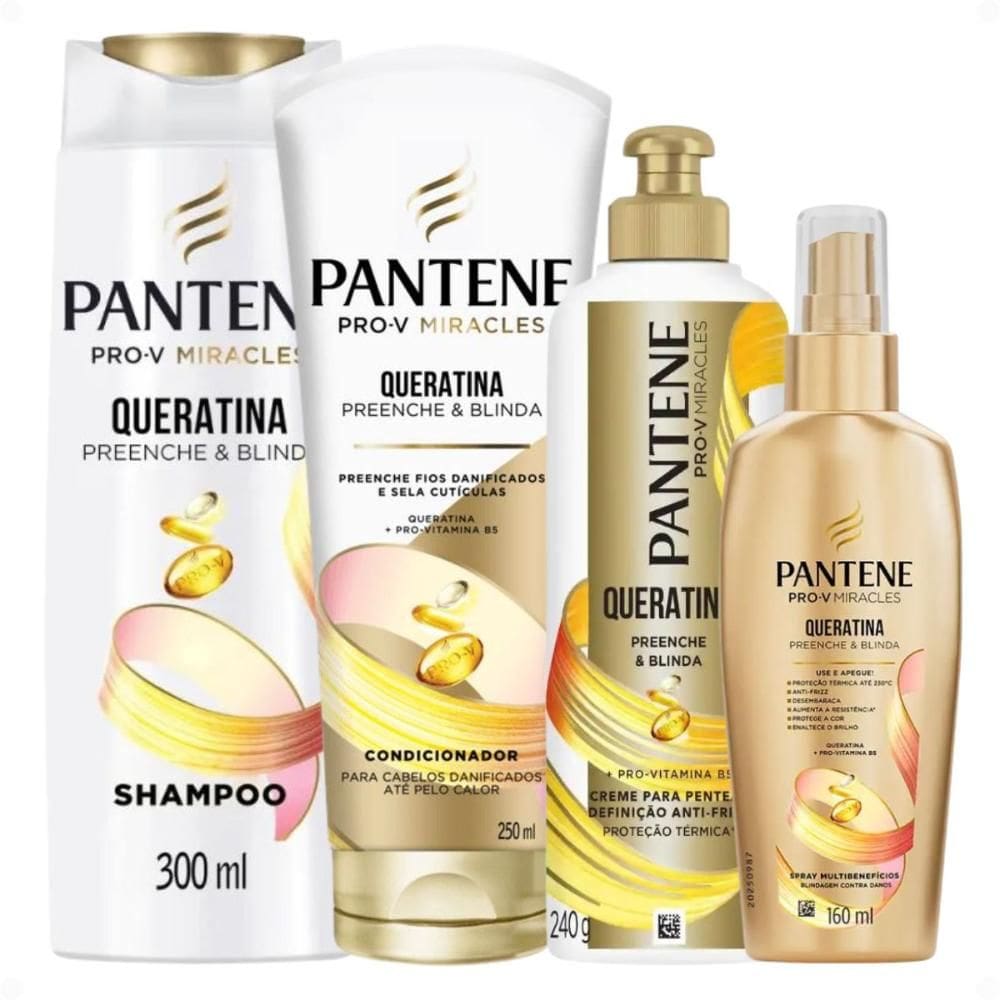 Kit Pantene Pro-V Queratina: Shampoo 300ml, Condicionador 250ml, Creme Para Pentear 240g e Spray Multibenefícios 160ml