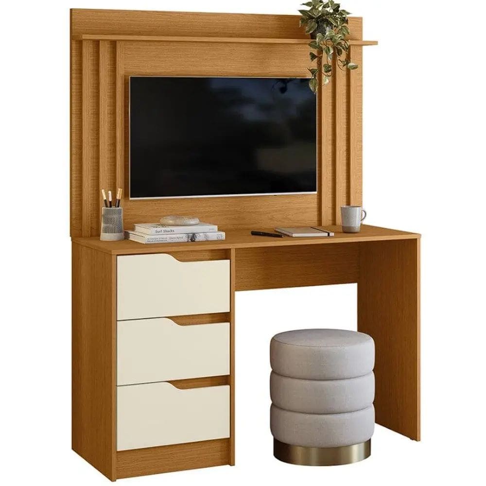 Escrivaninha Doble 3 Gavetas com Painel para TV até 42 Polegadas Ripado Albatroz Cor Cinamomo Off White
