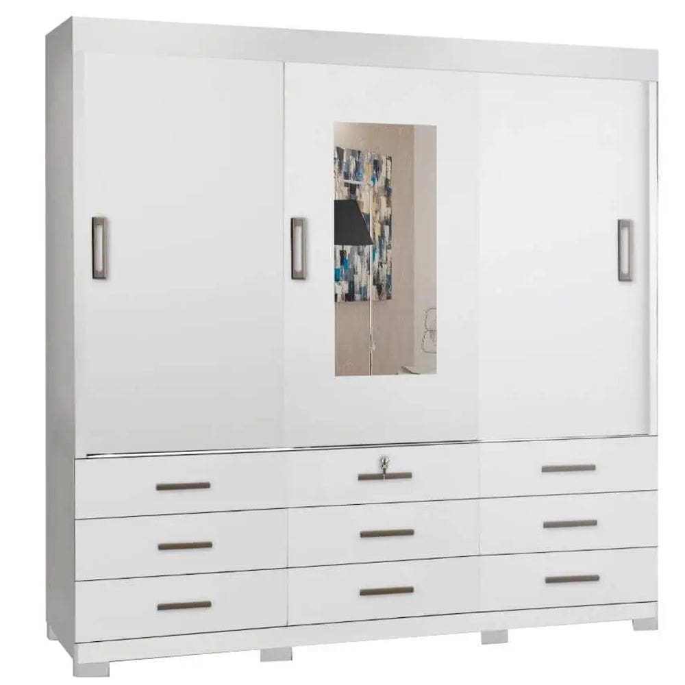 Guarda Roupa Itapema Casal 3 Portas de Correr e 9 Gavetas Cor Branco