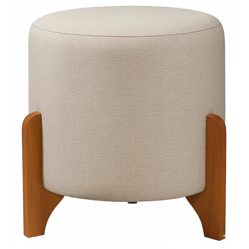 Puff Nara em Linho Redondo com Pés de Madeira RA Cor Bege
