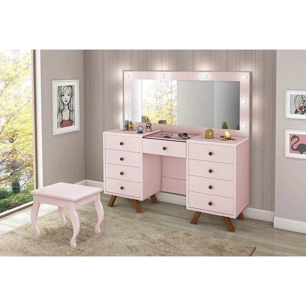 Penteadeira Camarim Mila Rosê com Espelho e Banqueta