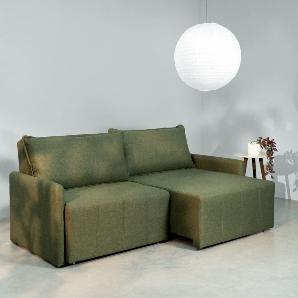 Sofá Cama Retrátil e Reclinável 3 Lugares 180cm em Linho Baraúna Cabecasa Madeiraoriginals Verde