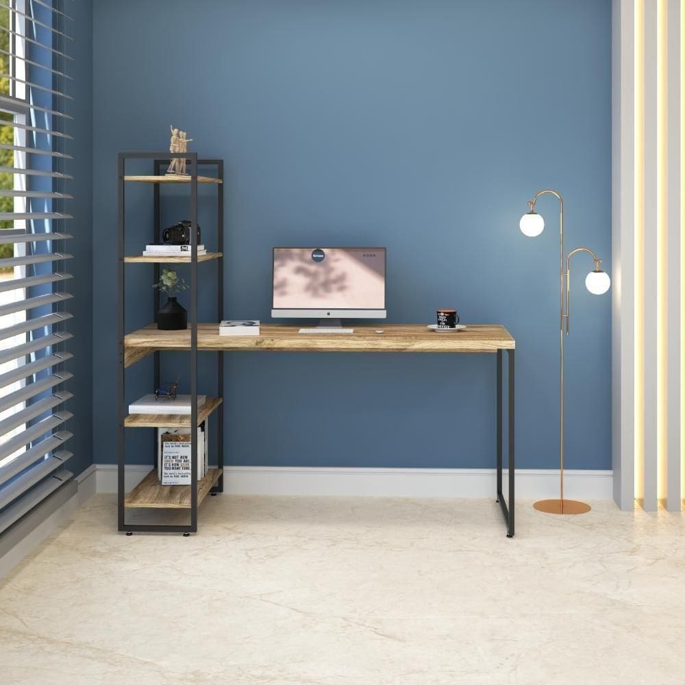 Mesa Com Estante Alta 150x64x147cm Com 4 Prateleiras Carvalho/