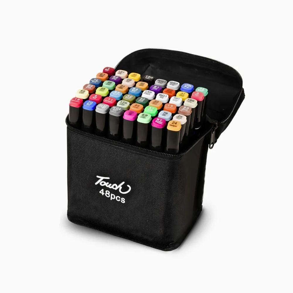 Conjunto Canetas Marcador Permanente Ponta Dupla Coloridas | Fina + Pincel - 48 Cores
